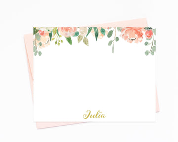 Peach Floral Personalized Stationery card set, Flat Notecards, Personalized Card Set Flat NoteCard and Envelope Set, Personalized Stationary