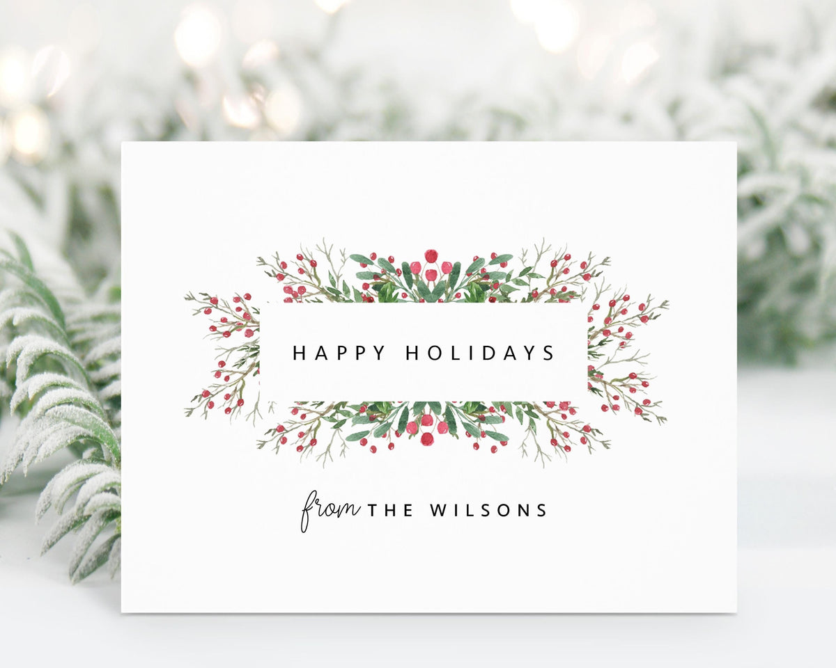 Personalized Happy Holidays Greeting Card Set, Custom Holiday Stationery for Family Notes, Thank You Cards with Envelopes for The Holidays