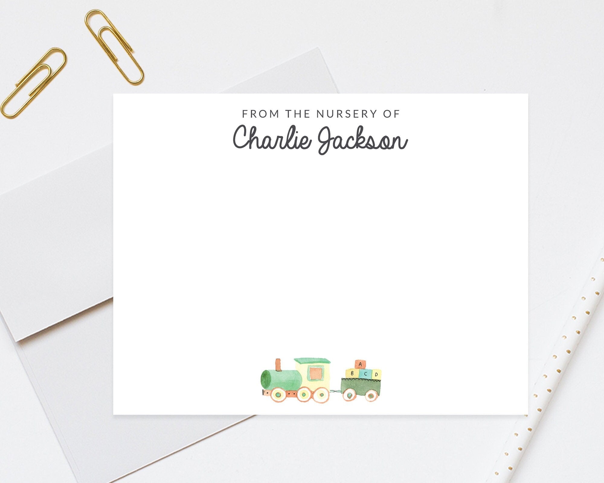 Personalized childrens stationary set, Stationery with train, From the nursery of stationery, Baby shower gift, Toddler stationery, New baby