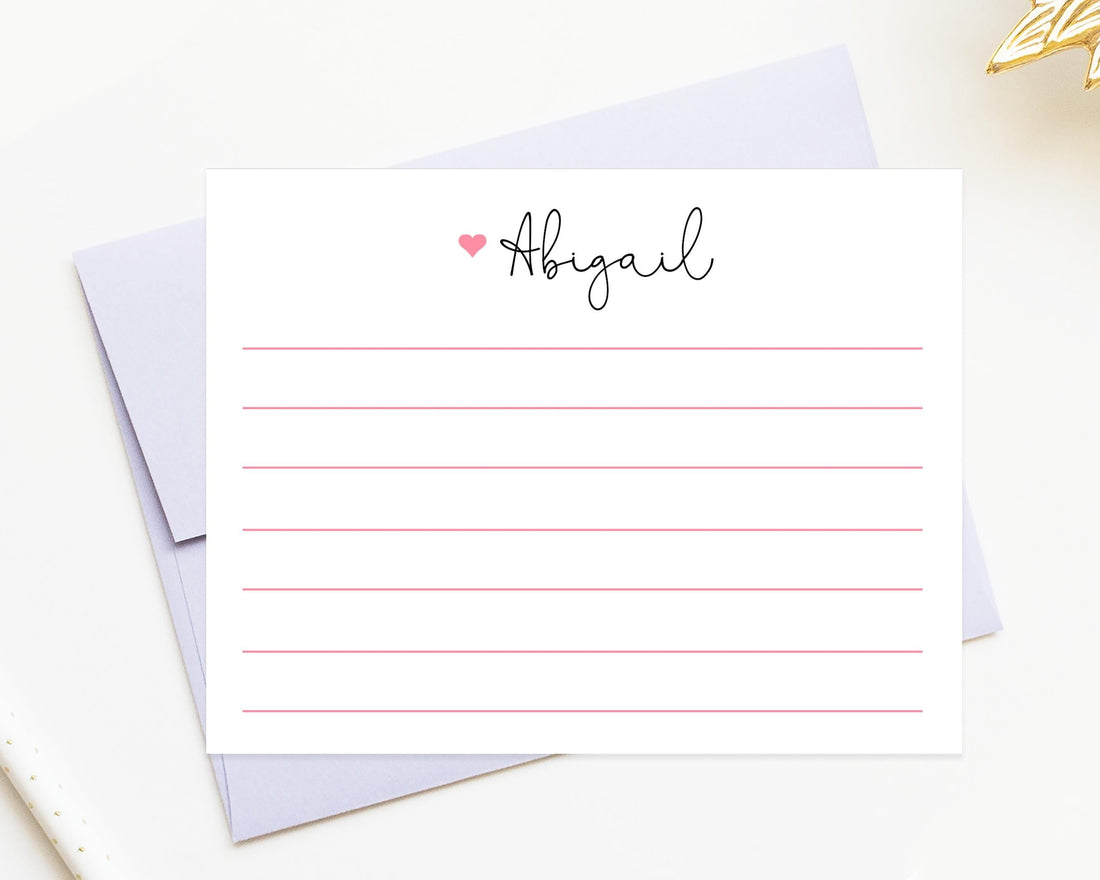 Personalized Stationery for Girls, Line Stationery with Heart, Thank you Letters for Kids Notecards, A2 Flat Card Stationary for Children