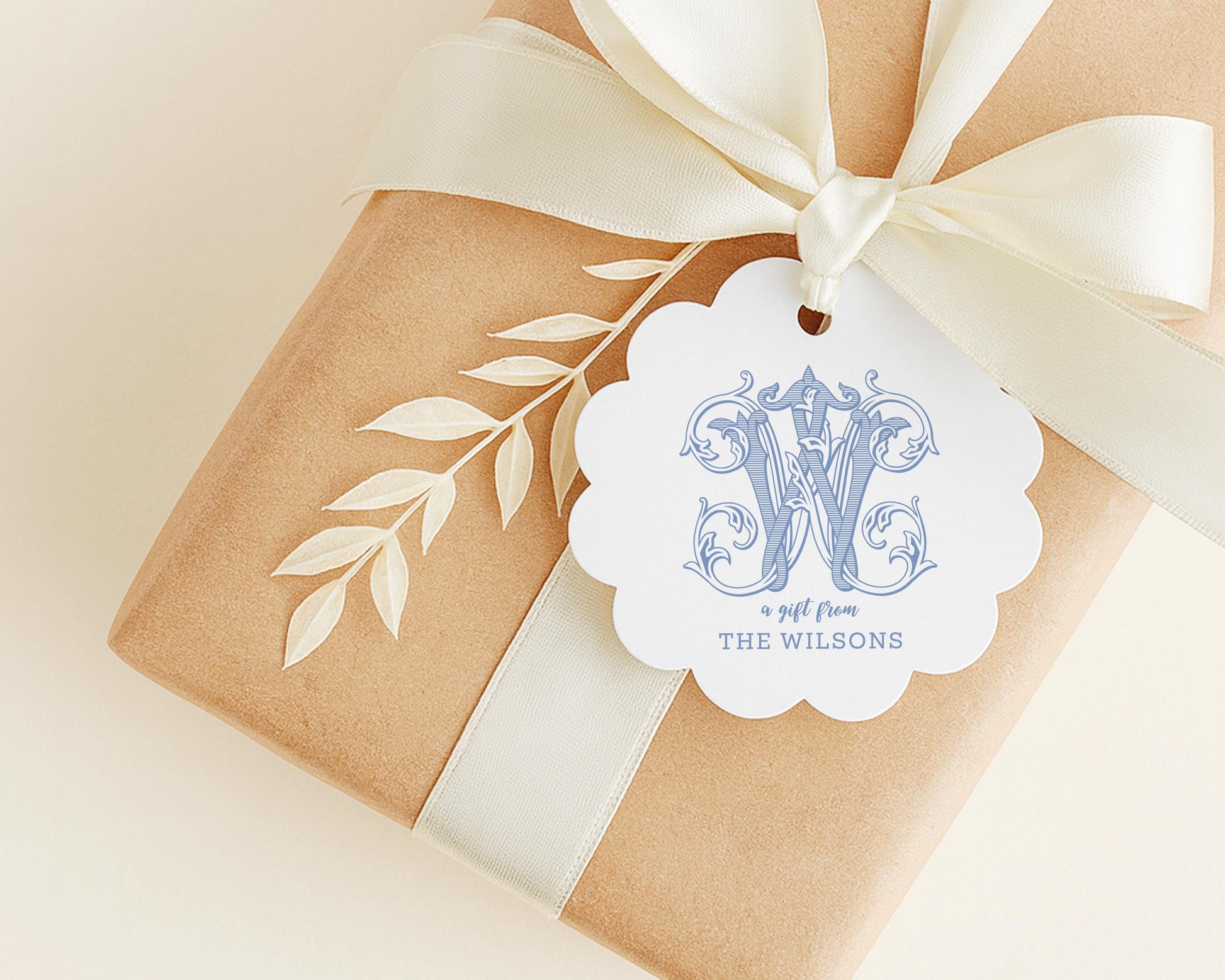 Personalized Monogram Scallop Gift Tags, 2.5x2.5 inch Circle Hanging Tag, Printed and Shipped Tags, 12 Tags for Holiday Party Favor