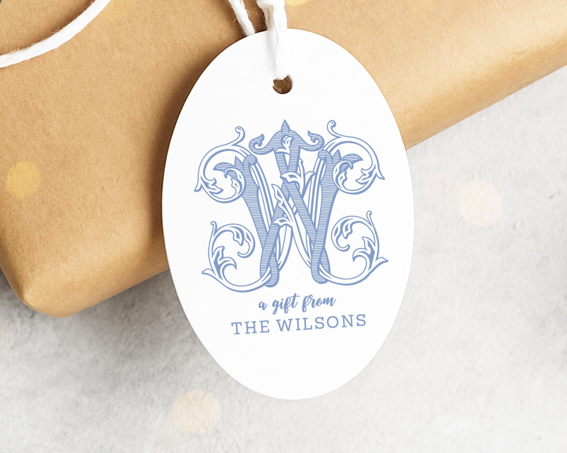Personalized Oval Monogram Name Gift Tags, 2 x 3 inch Oval Hanging Tag, Printed and Shipped Tags, 12 Tags for Holiday Party Favor