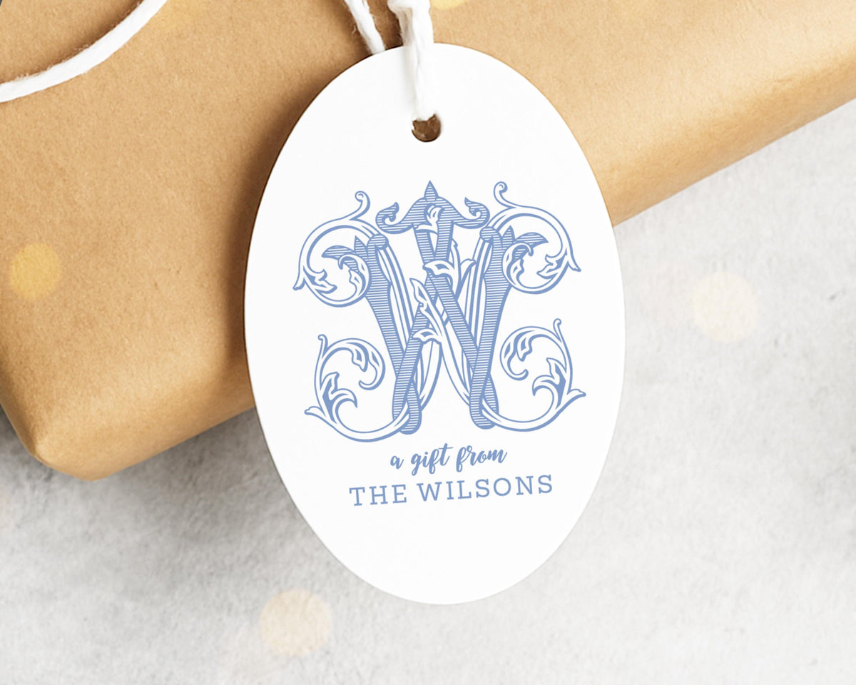 Personalized Oval Monogram Name Gift Tags, 2 x 3 inch Oval Hanging Tag, Printed and Shipped Tags, 12 Tags for Holiday Party Favor