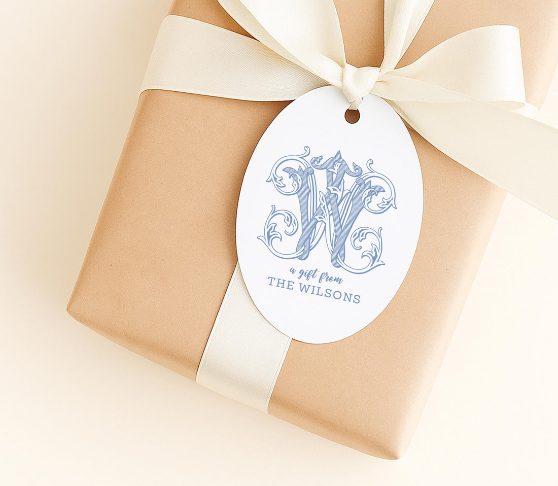 Personalized Oval Monogram Name Gift Tags, 2 x 3 inch Oval Hanging Tag, Printed and Shipped Tags, 12 Tags for Holiday Party Favor