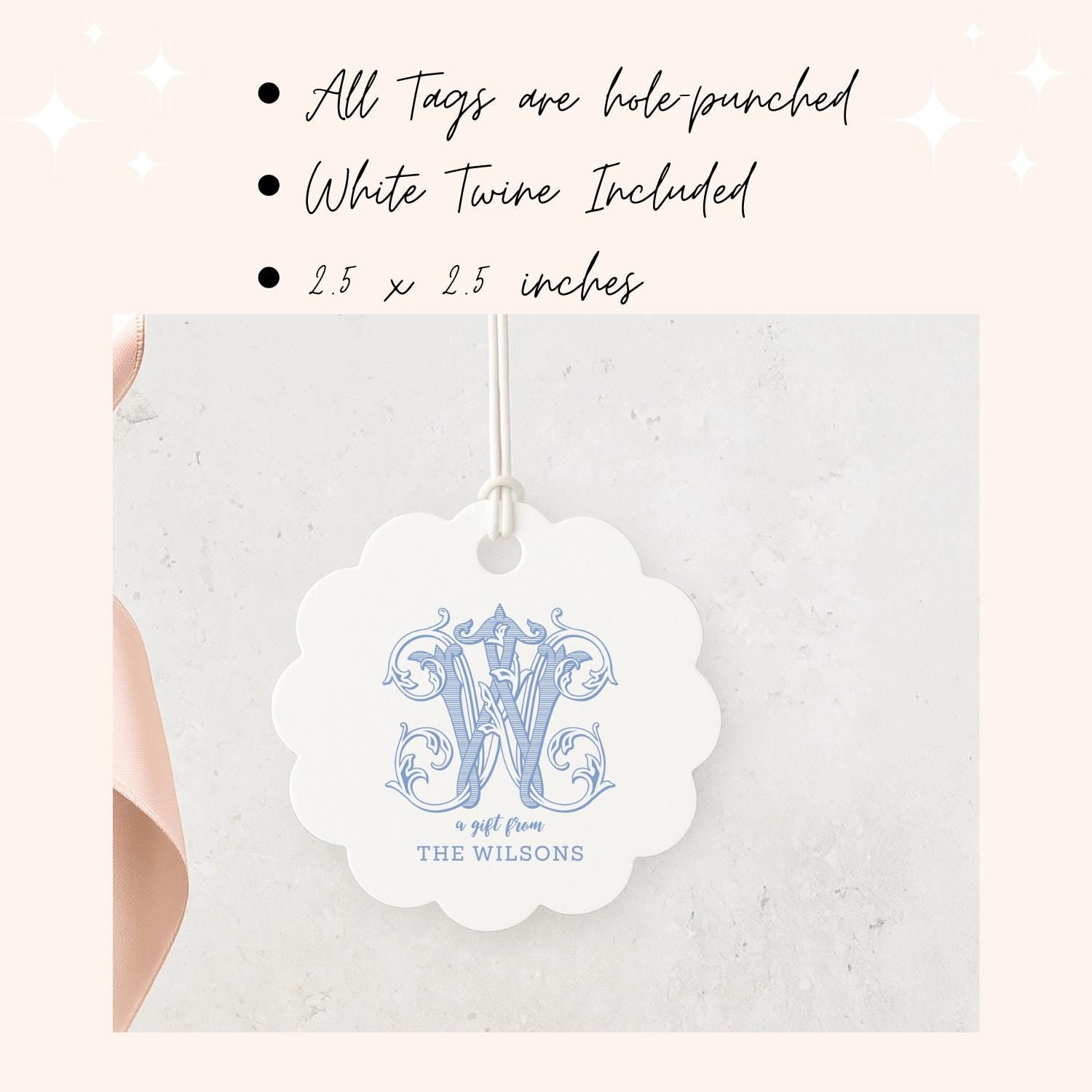 Personalized Monogram Scallop Gift Tags, 2.5x2.5 inch Circle Hanging Tag, Printed and Shipped Tags, 12 Tags for Holiday Party Favor