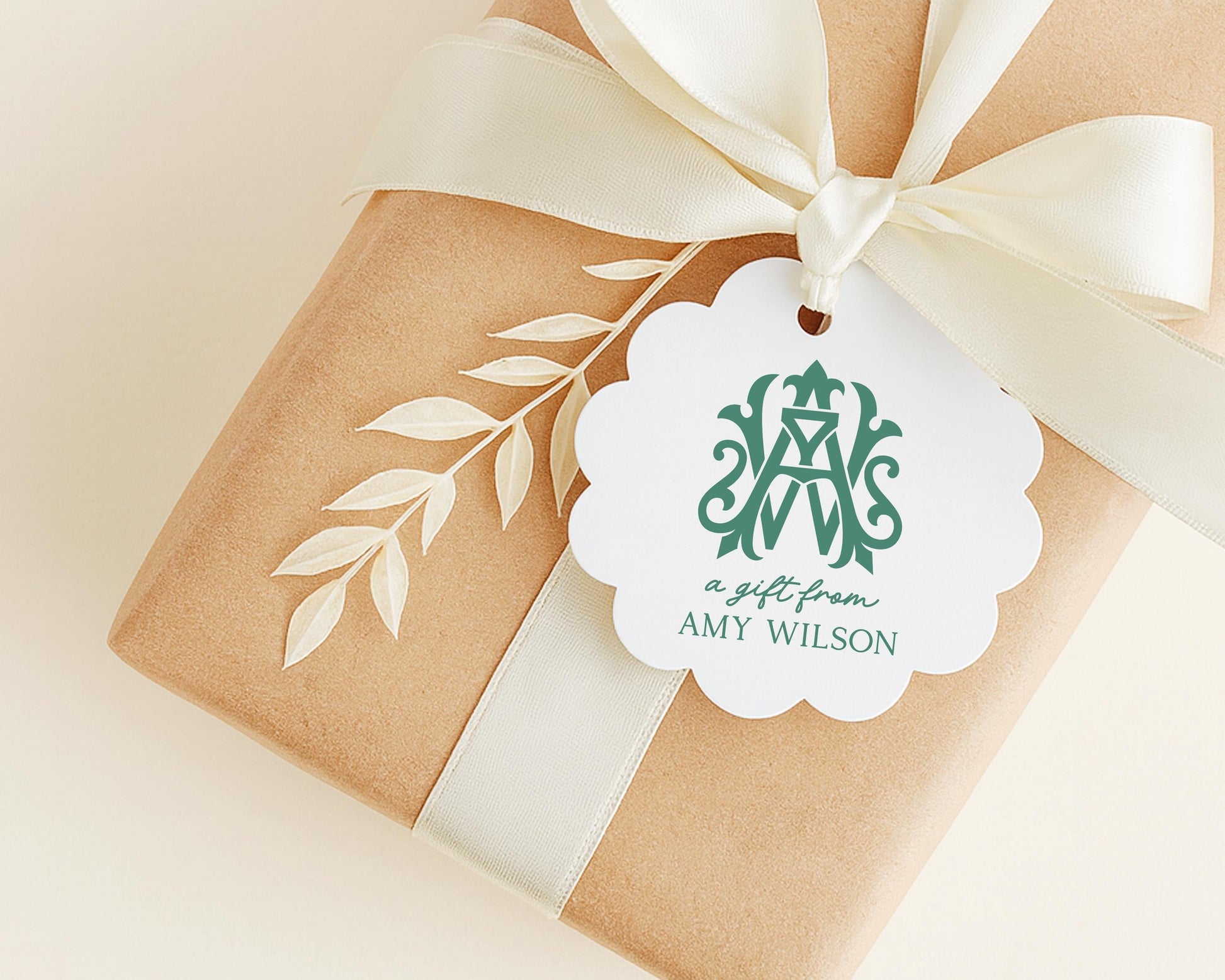 Personalized Scallop Monogram Christmas Tags, 2.5 inch Round Product Tag, Handmade Printed and Shipped Tags, Wedding Favor Gift Tags