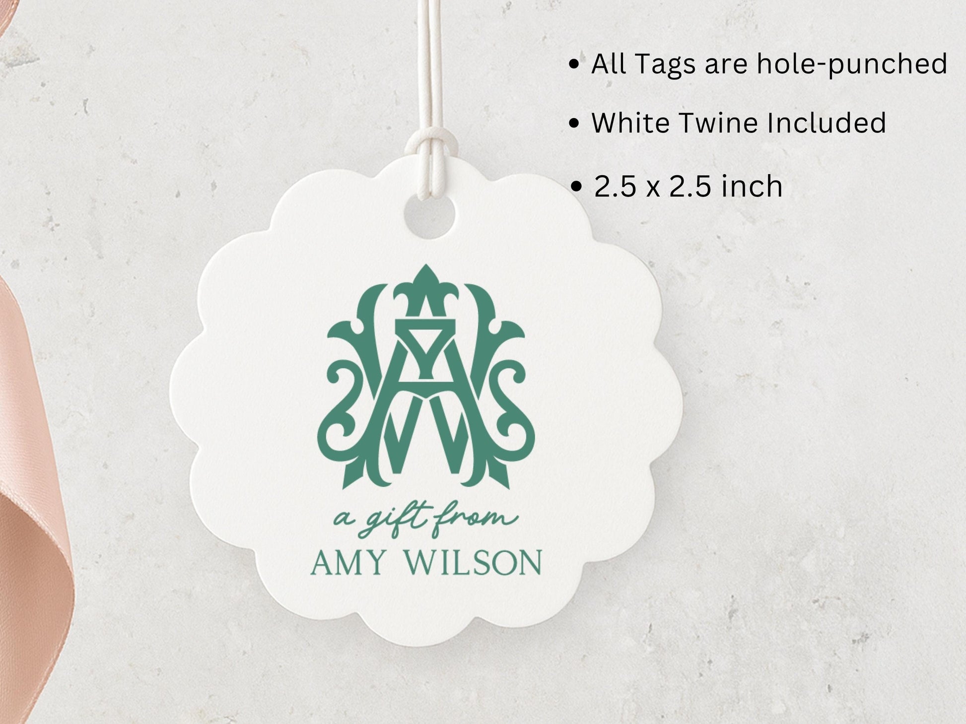 Personalized Scallop Monogram Christmas Tags, 2.5 inch Round Product Tag, Handmade Printed and Shipped Tags, Wedding Favor Gift Tags