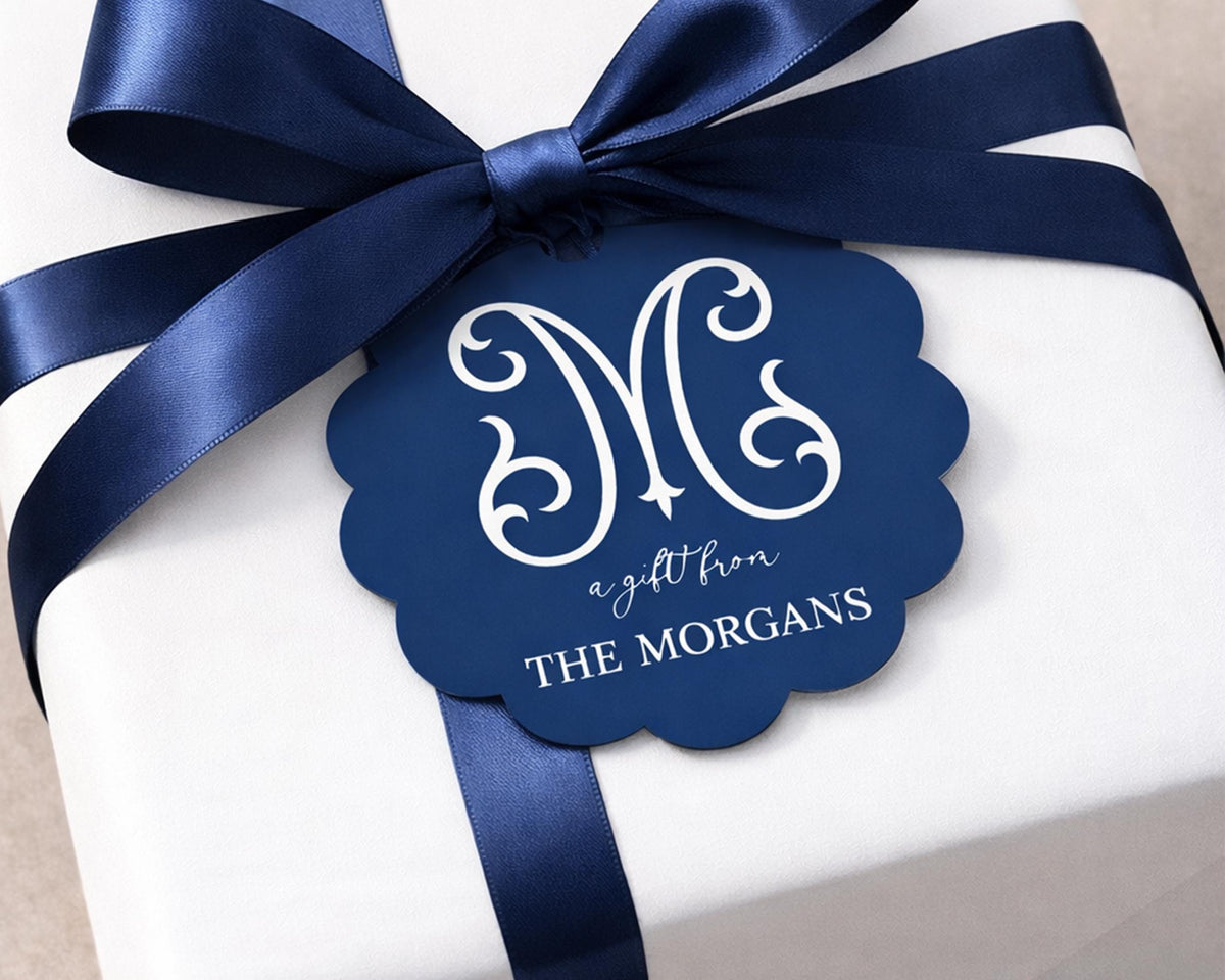 Personalized Monogram Scallop Stationary Tags, 2.5x2.5 inch, Custom Monogram Navy Gift Tags, 24 Tags for Holiday Party Favor