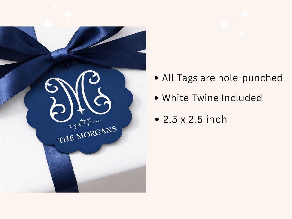 Personalized Monogram Scallop Stationary Tags, 2.5x2.5 inch, Custom Monogram Navy Gift Tags, 24 Tags for Holiday Party Favor