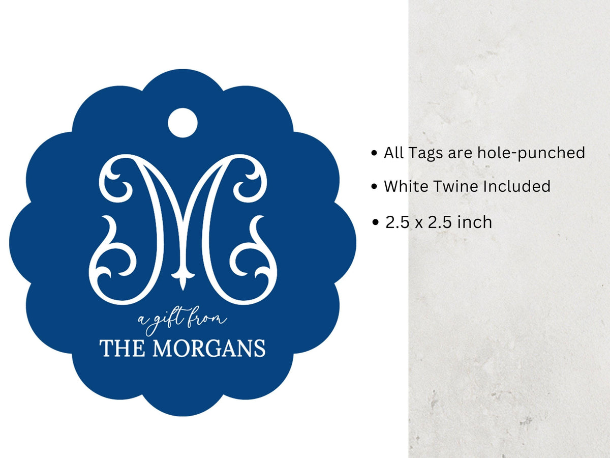 Personalized Monogram Scallop Stationary Tags, 2.5x2.5 inch, Custom Monogram Navy Gift Tags, 24 Tags for Holiday Party Favor