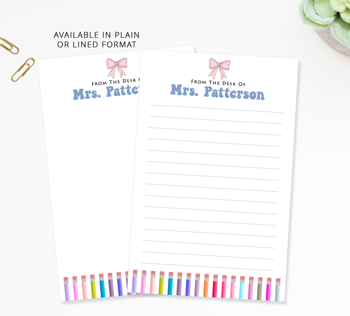 Personalized Notepad For Her with Bows and Pencil Design